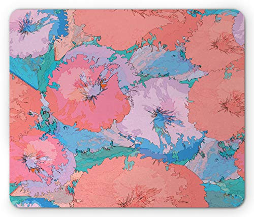 Lunarable Floral Mouse Pad  Abstract Style Spring Flowers Ornament with Grunge Effect Nature  Rectangle Non-Slip Rubber Mousepad  Standard Size  Coral Lilac and Blue