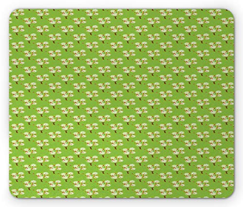Lunarable Tree Mouse Pad  Tree with Heart Shaped Butterflies Spring Blossoms  Rectangle Non-Slip Rubber Mousepad  Standard Size  Lime Green Vermilion