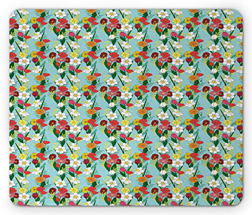 Lunarable Spring Mouse Pad  Repeating Pattern of Vertical Bouquets with Various Cartoon Flowers  Rectangle Non-Slip Rubber Mousepad  Standard Size  Pale Blue and Multicolor