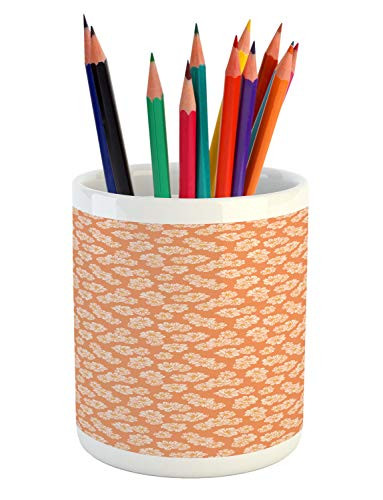 Lunarable Floral Pencil Pen Holder  Continuous White Flowers on Polka Dotted Background Spring Details  Ceramic Pencil Holder for Desk Office Accessory  3.6 inch X 3.2 inch  Dark Peach and Pastel Yellow