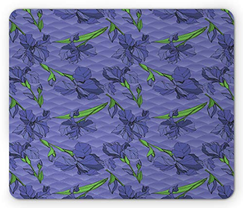 Lunarable Floral Mouse Pad  Iris Bouquets Spring Wildflower Blossoms of Rural Meadow Essence  Rectangle Non-Slip Rubber Mousepad  Standard Size  Blue Violet and Lime Green
