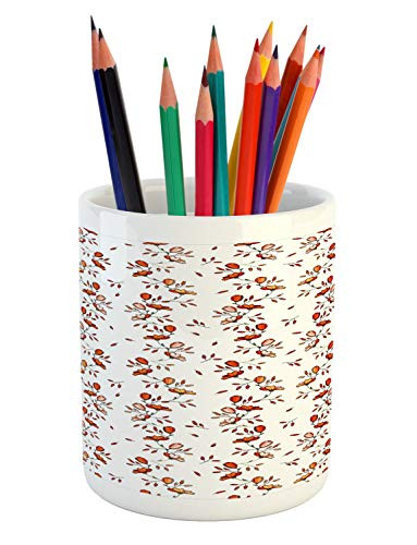 Lunarable Floral Pencil Pen Holder  Summer Blossoming Petals Meadow Flourishing Spring Revival Flowers Print  Ceramic Pencil Holder for Desk Office Accessory  3.6 inch X 3.2 inch  Burnt Orange and White
