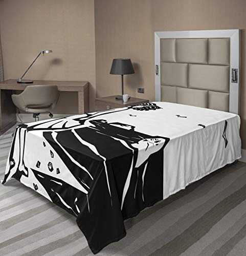 Lunarable Beach Flat Sheet  Woodcut Style Illustration with Girl on The Beach Looking at a Seal in Wavy Sea  Soft Comfortable Top Sheet Decorative Bedding 1 Piece  Twin Size  Black and White