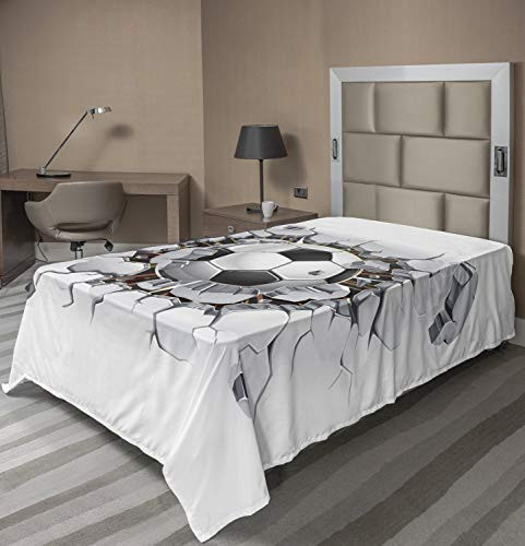 Lunarable Sports Flat Sheet  Soccer Ball and Old Plaster Wall Damage Destruction Punching Illustration  Soft Comfortable Top Sheet Decorative Bedding 1 Piece  Twin Size  White Grey Black