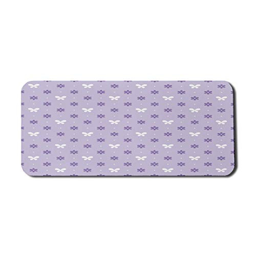 Lunarable Floral Computer Mouse Pad  Violet Pattern with Flowers and Butterflies Daisies Spring Illustration  Rectangle Non-Slip Rubber Mousepad X-Large  35 inch x 15 inch Gaming Size  Violet Lilac and White