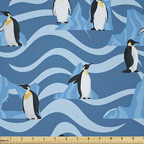 Lunarable Bird Print Fabric by The Yard  Pattern of Icebergs and Penguins in Waves  Microfiber Fabric for Arts and Crafts Textiles  and  Decor  1 Yard  Sea Blue Dark Grey