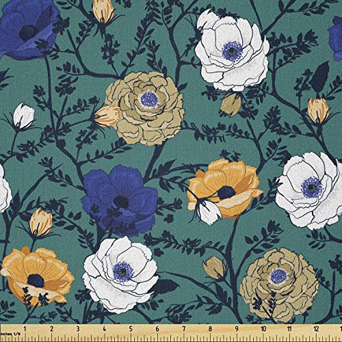 Lunarable Floral Fabric by The Yard  Delicate Botanical Flower Branches with Vintage Inspirations Creative Pattern  Microfiber Fabric for Arts and Crafts Textiles  and  Decor  1 Yard  Teal Multicolor