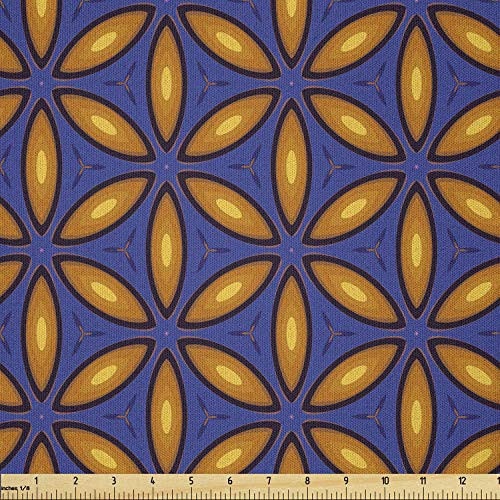 Lunarable Retro Fabric by The Yard  Classic Repetitive Pattern with Geometric Style Motif with Leaves  Microfiber Fabric for Arts and Crafts Textiles  and  Decor  1 Yard  Persian Blue Amber