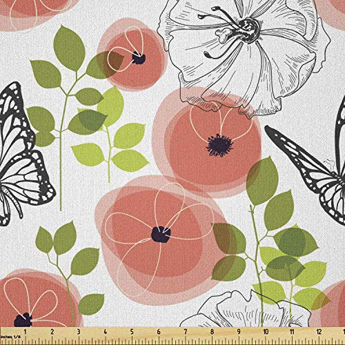 Lunarable Floral Fabric by The Yard  Spring Blossoms Flowers Butterfly Leaves Illustration  Microfiber Fabric for Arts and Crafts Textiles  and  Decor  1 Yard  Multicolor