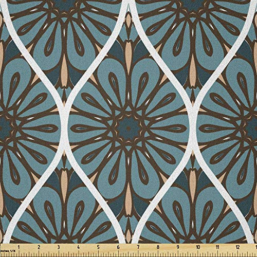 Lunarable Orient Fabric by The Yard  Floral Ornaments Circular Hipster Motifs Pattern  Microfiber Fabric for Arts and Crafts Textiles  and  Decor  1 Yard  Cadet Blue Dark Cocoa