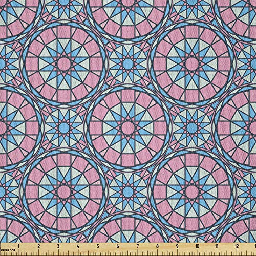 Lunarable Orient Fabric by The Yard  Traditional Illustration of Geometric Mandala Motifs in Pastel Folk Tones  Microfiber Fabric for Arts and Crafts Textiles  and  Decor  1 Yard  Pink and Blue