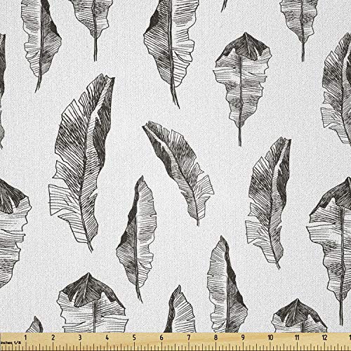 Lunarable Leaves Fabric by The Yard  Hatched Style Hand Drawn Leaf Designs Rainforest Botany Pattern  Microfiber Fabric for Arts and Crafts Textiles  and  Decor  1 Yard  Dark Taupe and White