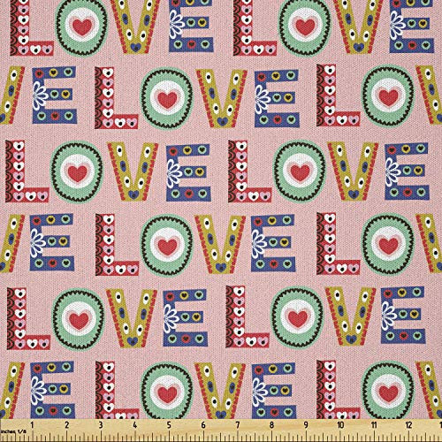 Lunarable Valentines Fabric by The Yard  Love Lettering of Traditional Boho Hearts Flowers Shabby Romance Doodle  Microfiber Fabric for Arts and Crafts Textiles  and  Decor  1 Yard  Blush Multicolor