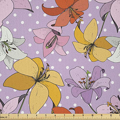 Lunarable Violet Fabric by The Yard  Colorful Botanical Lily Blooms Flowers Illustration on Spotted Backdrop  Microfiber Fabric for Arts and Crafts Textiles  and  Decor  1 Yard  Lavender and Multicolor