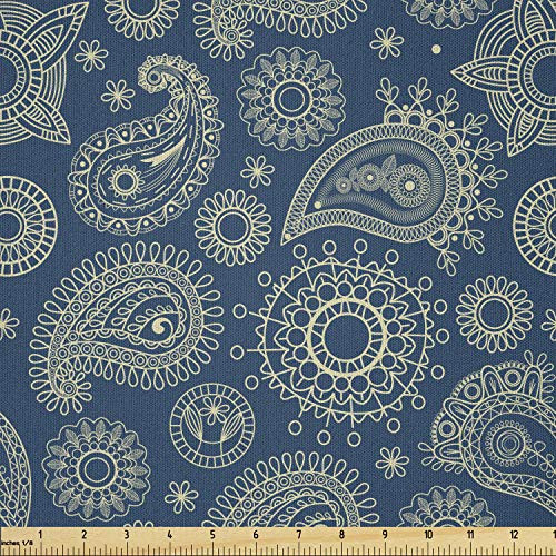 Lunarable Blue Paisley Fabric by The Yard  Botanical Themed Pattern with Floral Curves Blossom Ornament  Microfiber Fabric for Arts and Crafts Textiles  and  Decor  1 Yard  Dark Sky Blue and Beige