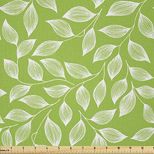 Lunarable Floral Fabric by The Yard  Herbal Pattern Illustration of Rhythmic Tea Leaves Exotic Garden Art Print  Microfiber Fabric for Arts and Crafts Textiles  and  Decor  1 Yard  Lime Green and White