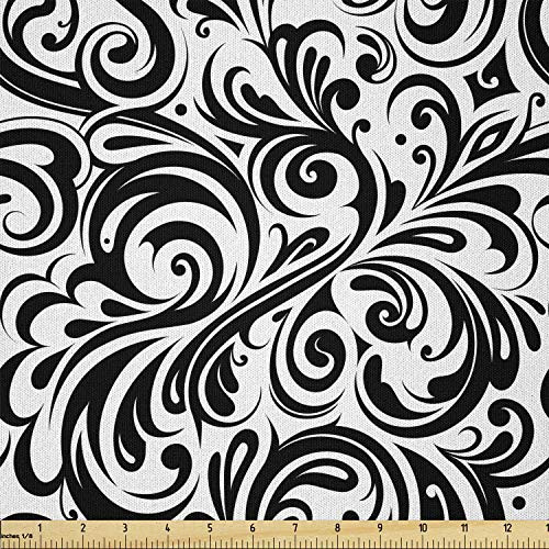 Lunarable Scroll Fabric by The Yard  Monotone Victorian Elements Ornamental Vintage Arrangement of Shapes Timeless  Microfiber Fabric for Arts and Crafts Textiles  and  Decor  1 Yard  Black and White