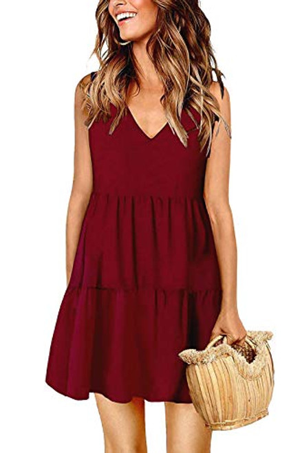 Summer Dresses for Women V Neck Sleeveless Sundress Pleated Loose Swing Casual T Shirt Dress Wine Red