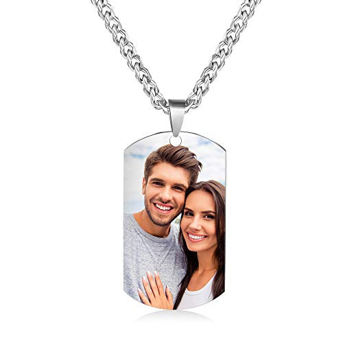 Gemszoo Custom Dog Tag Pendant Necklace Personalized Photo Necklace Customize Picture Military Text Date Engrave Name Stainless Steel Necklace for Men Boys Women -Cuban Chain-