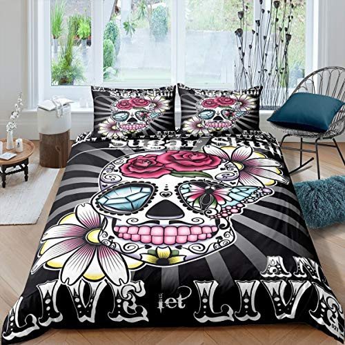 feelyou Sugar Skull Duvet Cover Set Twin for Kids Girls Fantastic Gothic Skeleton Bones Print Bedding Set Floral Skull Luxury Comforter Cover Microfiber Quilt Cover with 1 Pillow Shams  Zipper 2 Pcs
