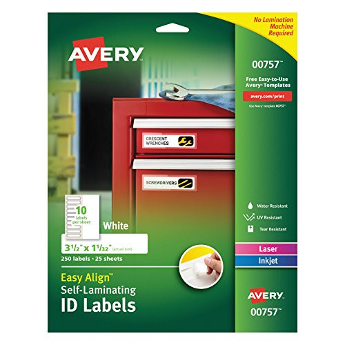 Avery 00757 Easy Align Self-Laminating ID Labels, Laser/Inkjet, 1 1/32 x 3 1/2, White (Pack of 250)