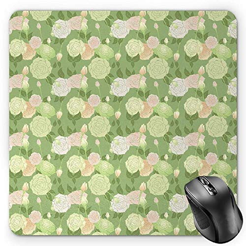 BGLKCS Rose Mouse Pad  Abstract Pastel Colored Blossoms and Buds Romantic Spring Garden  Standard Size Rectangle Non-Slip Rubber Mousepad  Pistachio Green Peach and White