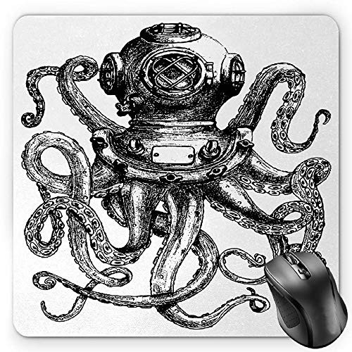 BGLKCS Octopus Mouse Pad  Vintage Style Diver Helmet with Marine Animal Tentacles Scuba Concept  Standard Size Rectangle Non-Slip Rubber Mousepad  Charcoal Grey and White