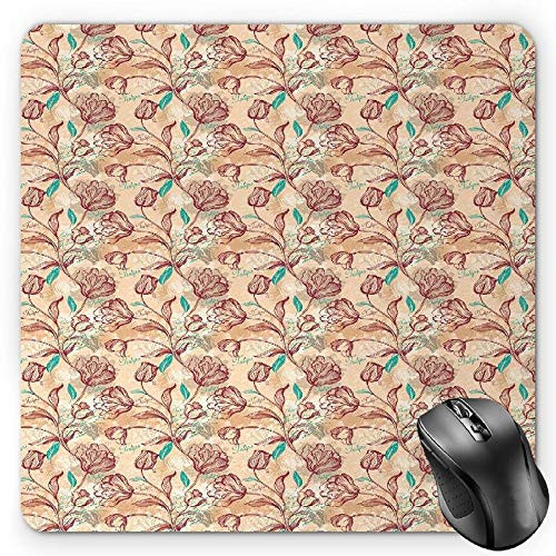 BGLKCS Romantic Mouse Pad  Ornamental Tulips with Outline Style Composition Spring Blossom  Standard Size Rectangle Non-Slip Rubber Mousepad  Pale Sea Green Ruby Peach