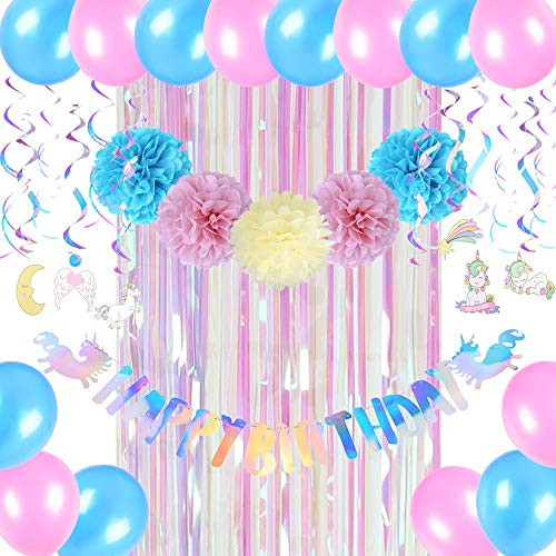 Unicorn Birthday Party Supplies, Unicorn Happy Birthday Banner, Unicorn Foil Hanging Swirls, Tissue Paper Fans Pom Poms, Rainbow Foil Curtain, Pink Blue Latex Balloons, Easy Joy Unicorn Birthday Party Supplies, Unicorn Happy Birthday Banner, Unicorn Foil Hanging Swirls, Tissue Paper Fans Pom Poms, Rainbow Foil Curtain, Pink Blue Latex Balloons, Easy Joy