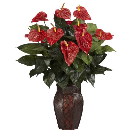 Nearly Natural 6666 Anthurium with Vase Decorative Silk Plant, Red