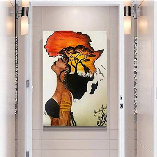 ZCFDXXH Classical African Woman Painting Abstract Sunset Landscape Wall Art Canvas Prints and Posters Pictures Home Decor-50x70cm?no Frame?