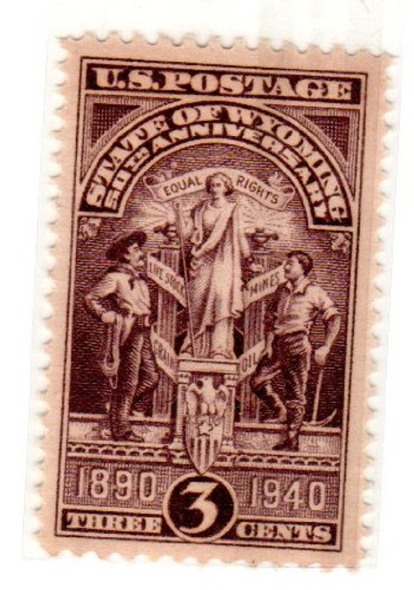 Postage Stamps United States. One Single 3 Cents Brown Violet  Wyoming State Seal Stamp  Wyoming Statehood Issue Dated 1940  Scott  897.