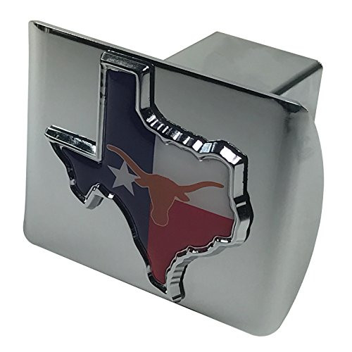 University of Texas Longhorns METAL State Shaped emblem (with Texas flag colors) on shiny chrome METAL Hitch Cover University of Texas Longhorns METAL State Shaped emblem (with Texas flag colors) on shiny chrome METAL Hitch Cover