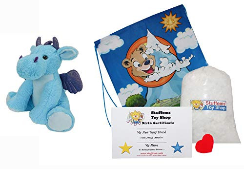 Make Your Own Stuffed Animal Cuddly Blue Magic Dragon Kit 16 inch- No Sew - Kit with Cute Backpack!