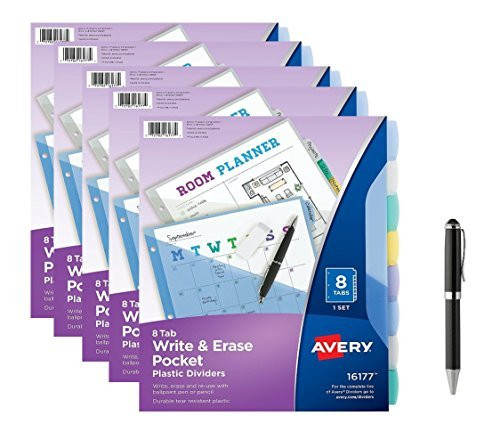 Avery 16177 Write & Erase Big Tab Plastic Dividers w/ Slash Pocket, 8-Tab, Letter, Sold as a 5-pack, 40 Tabs TOTAL