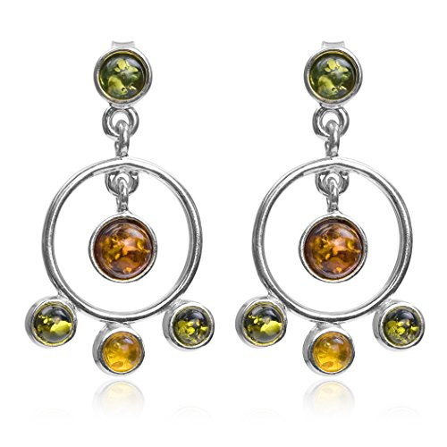 Multicolor Amber Sterling Silver Round Multi-circled Dangle Stud Earrings