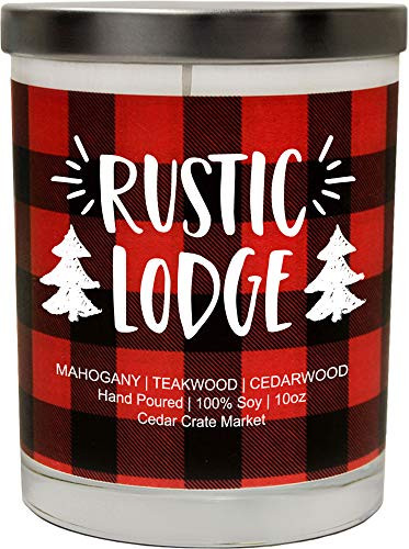 Rustic Lodge  Mahogany  Teakwood  Cedarwood  Buffalo Plaid Christmas Scented Soy Candle  10 Oz. Candle  Made in The USA  Decorative Holiday Candles  Best Smelling Christmas Candles for Home
