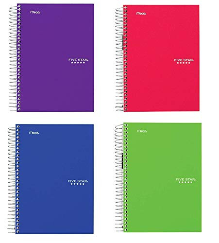 Five Star Spiral Notebooks, 5 Subject, College Ruled Paper, 180 Sheets, 9-1/2" x 6", Color Will Vary, 4 Pack (06184)