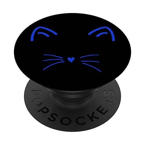 Blue  Cat Face Heart Nose Whiskers  Black Kitty Kitten  Cute PopSockets Grip and Stand for Phones and Tablets