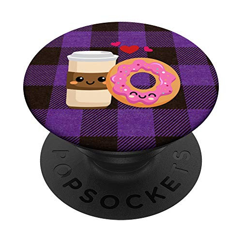 Purple Plaid Cute Kawaii Latte Coffee Donut Heart Love Gift PopSockets PopGrip  Swappable Grip for Phones  and  Tablets