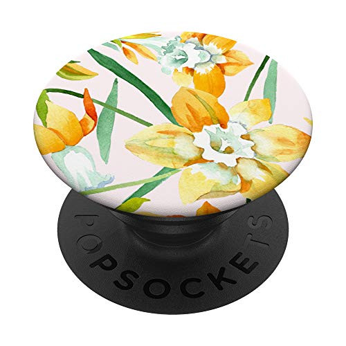 Yellow Daffodil Spring Color Flower Plants Pattern White PopSockets PopGrip  Swappable Grip for Phones  and  Tablets