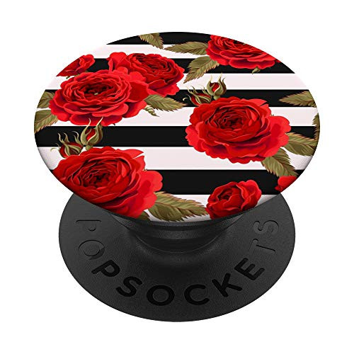 Cute Red Rose Flower Pattern  White Black Striped PopSockets PopGrip  Swappable Grip for Phones  and  Tablets