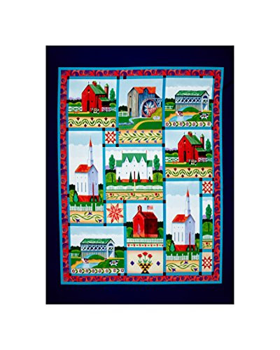 Springs Creative Products Jim Shore Village Farm 35 In. Panel Blue Quilt Fabric  Gold Red Black