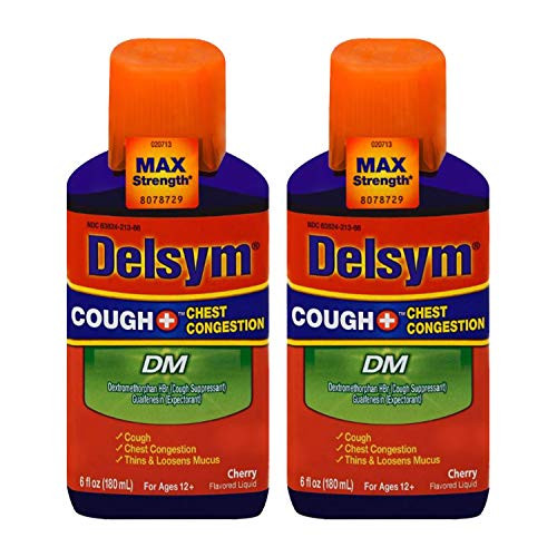 Max Strength Delsym Cough Plus Chest Congestion DM Liquid  Cherry Flavor  6 fl. oz. Relieves Cough  Chest Congestion  and Thins  and  Loosens Mucus -Pack of 2-