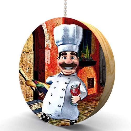 Italian Chef with Wine Hardwood Oak Fan Light Pull