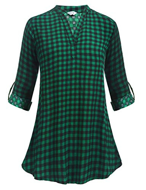 Zeagoo Women s Casual Cuffed 3 4 Long Sleeve Plaid Shirts Blouse Tops Green and Black£¬S