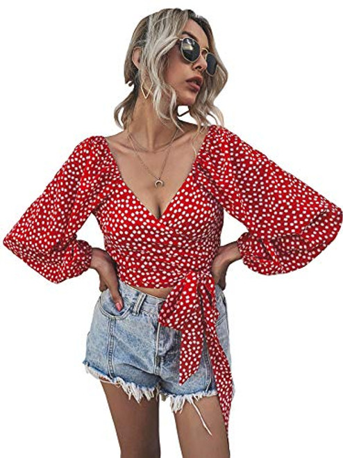LYANER Women s V Neck Wrap Front Tie Up Floral Long Sleeve Crop Top Blouse Shirt Red Medium LYANER Women s V Neck Wrap Front Tie Up Floral Long Sleeve Crop Top Blouse Shirt Red Medium