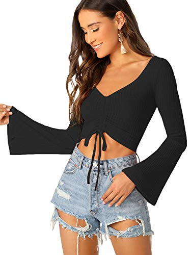 SOLY HUX Women s V-Neck Ruched Tie Front Long Bell Sleeve Tee Ribbed Knit Crop Top Black M