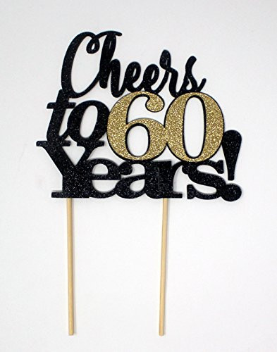 All About Details Cheers to 60 Years! Cake Topper,1pc, 60th Birthday, Anniversary, Party Decor, Glitter Topper (Black & Gold)
