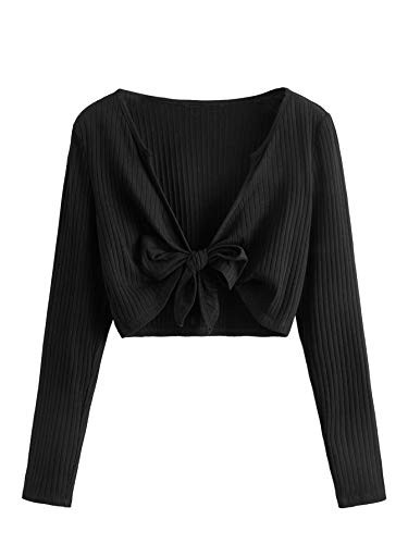 SheIn Women s Long Sleeve Deep V Neck T-Shirts Tie Front Rib Plain Crop Tee Top Black  Small